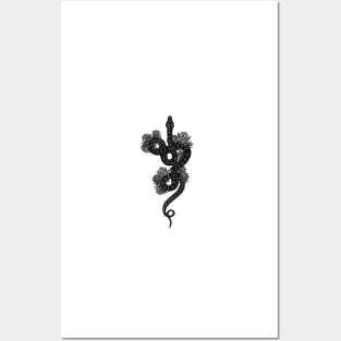 Snake and flowers blackwork flash design Posters and Art